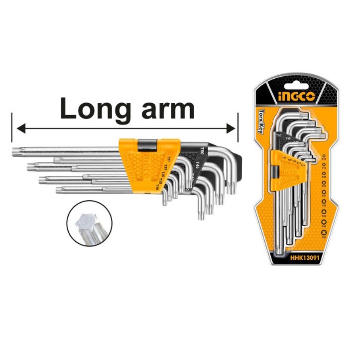 Kunci L Bintang 9 Pcs CrV Long Torx Key Set INGCO HHK13091