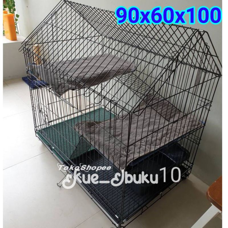 Kandang Kucing 2 Tingkat 2 Tangga XXL 90x60x100 cm Atap Rumah Besi Tebal Besi Lipat Termurah Musang Tupai Kelinci Bajing Garangan Burung Anjing Hewan