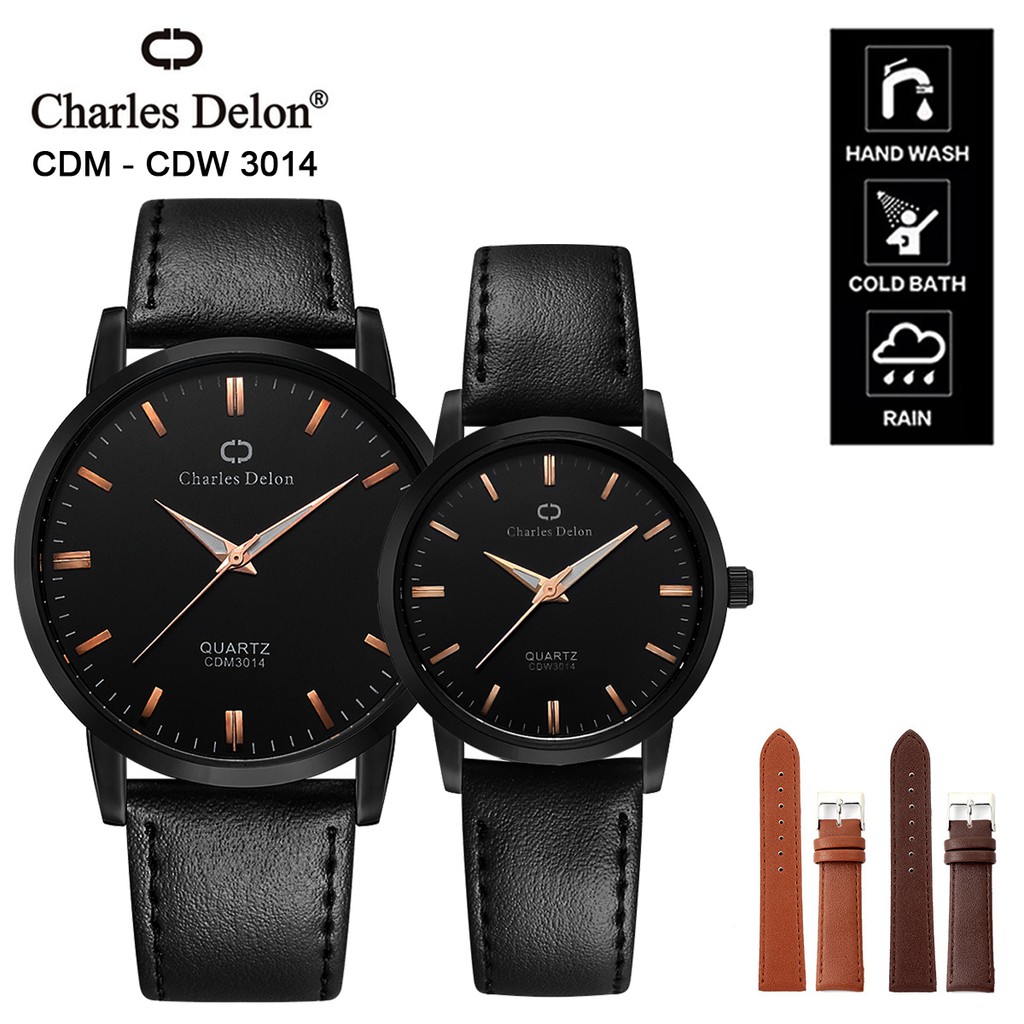 Jam Tangan Wanita Pria Couple Watch Kulit Anti Air Box Original Charles Delon 3014