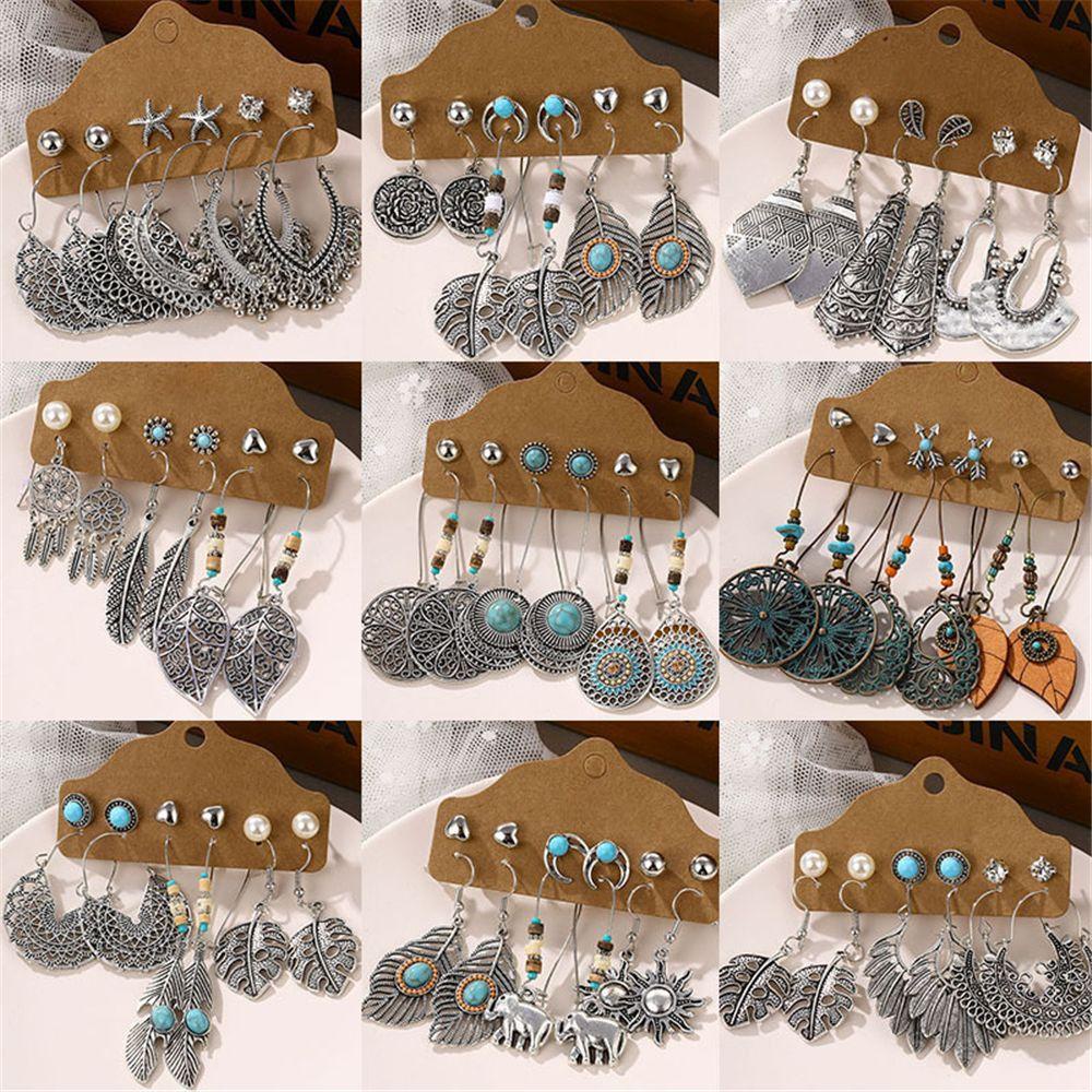 Top 6pasang Drop Menjuntai Anting Set Vintage Gaya Nasional Bronze Waterdrop Bohemian Earrings