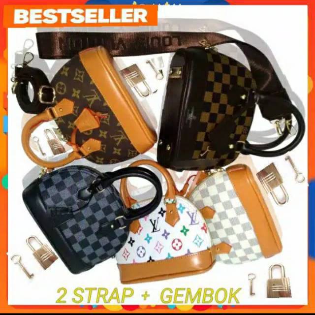 2 STRAP + GEMBOK TAS LV ALMA MINI FULL EMBOSED