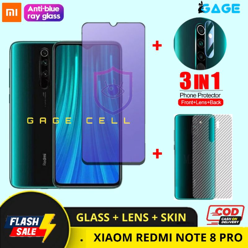 PAKET 3IN1- TEMPERED GLASS ANTI RADIASI BLUE LIGHT XIAOMI REDMI NOTE 8 PRO FULL LAYAR SCREEN