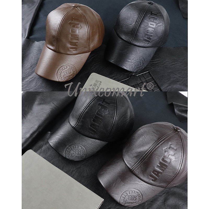 Topi Kulit Leather PU Jamont LEAD THE WORLD Topi Baseball Hat Casual Sport Pria Wanita