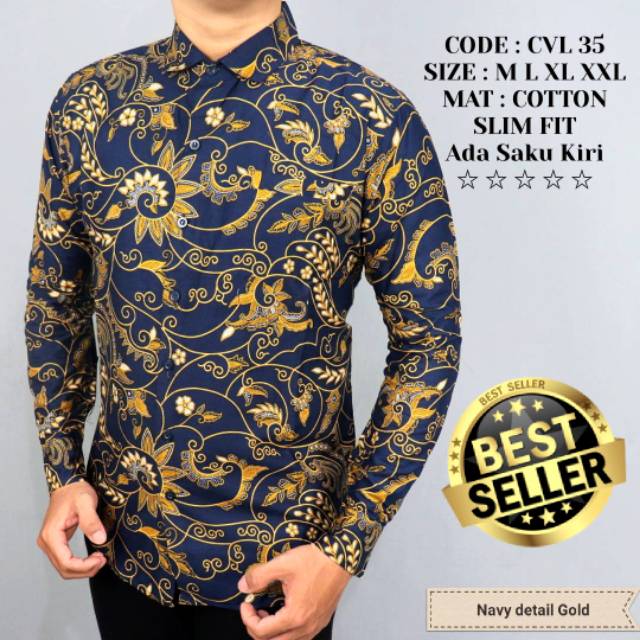 BAJU KEMEJA BATIK PRIA SLIM FIT HEM BATIK PRIA NAVY CVL35