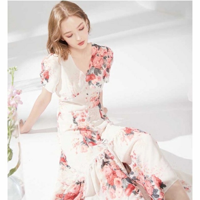 Azura Floral Midi Dress Vintage Import Dress Wanita Floral Midi Korea