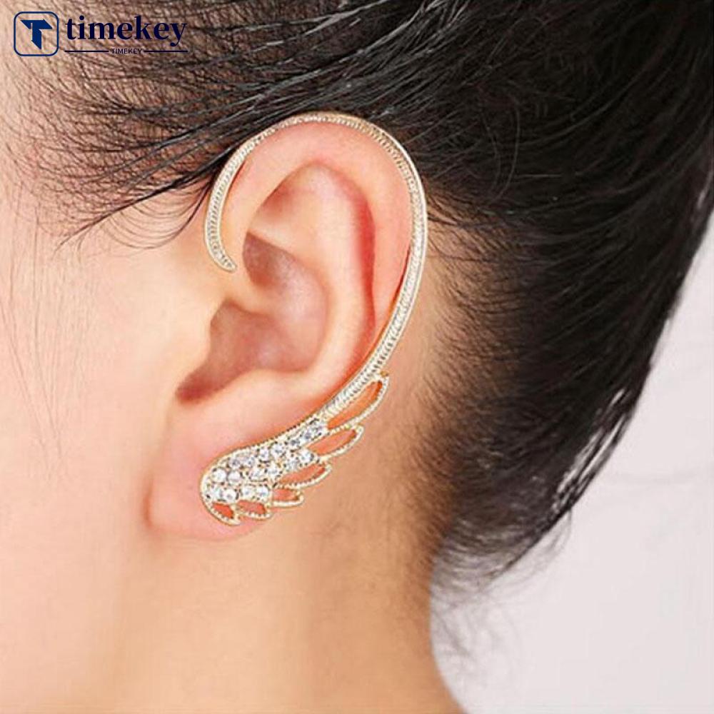 Timekey 1pc Anting Cuff Jepit Telinga Pola Sayap Hias Berlian Imitasi Untuk Wanita A2K2