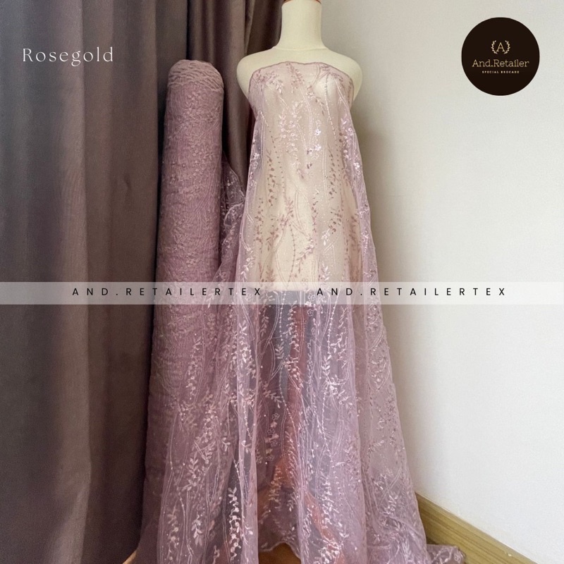 Bahan Kain Kebaya Brokat Akar Tile Mutiara Mahogany Glitter Warna Rose Gold
