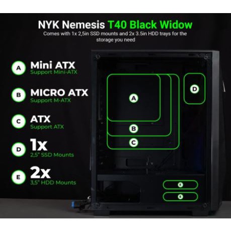 Pc case gaming nyk atx temepered glass usb 2.0 3.0 audio mic led rgb black widow T-40 T40 - Casing komputer