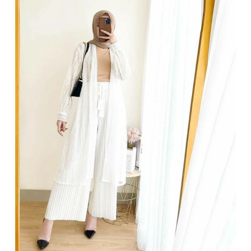BUSANA WANITA MUSLIMAH LONG OUTER CARDIGAN LACE PUTIH LENGAN BALON