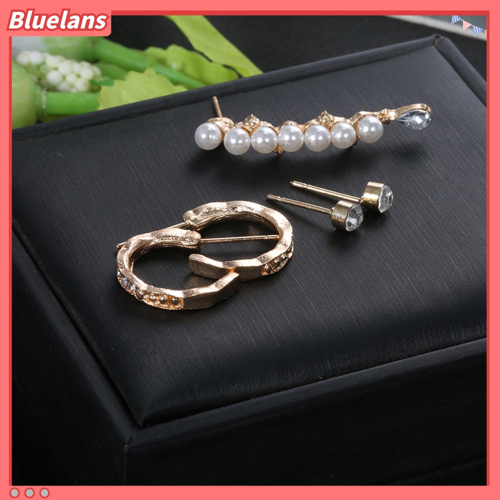 5 Pcs Anting Stud Geometris Aksen Mutiara Berlian Imitasi Untuk Wanita