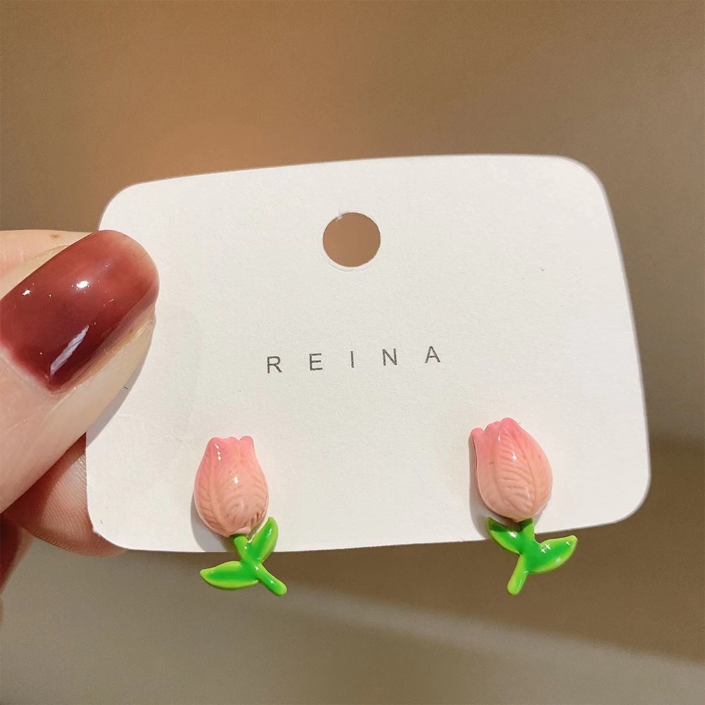 AY(CN) Anting Stud Desain Bunga Tulip Pink Daun Hijau Untuk Wanita