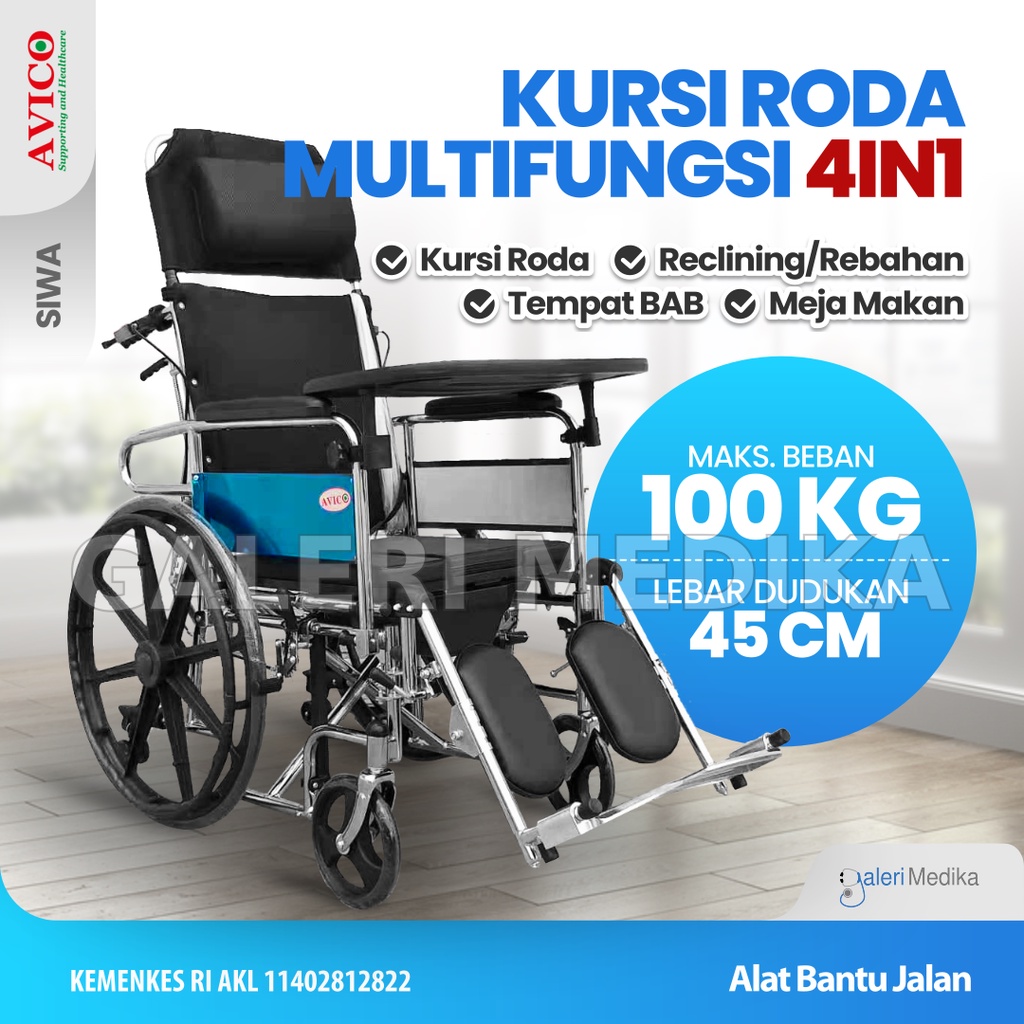 Kursi Roda 4in1 Avico Siwa - Kursi Roda Multifungsi (Makan, Berbaring, Selonjoran, BAB, Kursi Roda)