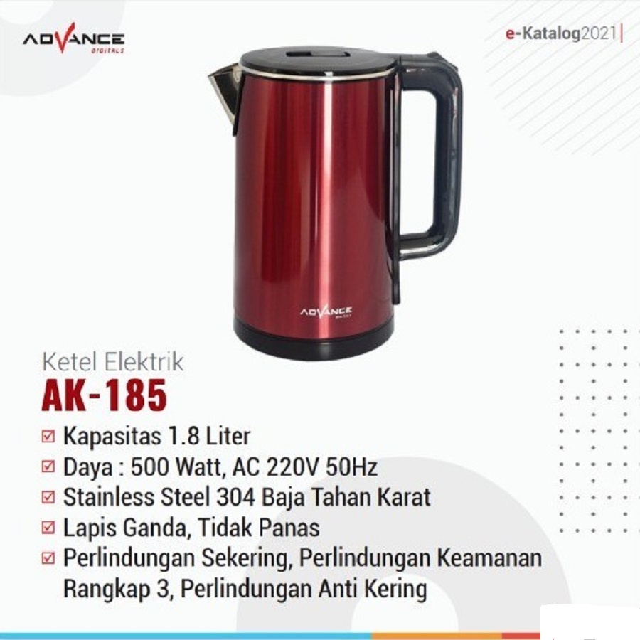 TEKO AIR LISTRIK KETTLE LISTRIK ADVANCE AK-185 OTOMATIS KAPASITAS 1,8 LITER