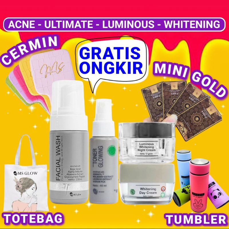 MS GLOW Paket Free Bonus Pouch/Dompet Kosmetik/Ecer Whitening Night Cream/Luminous/Malam Ultimate/Kr