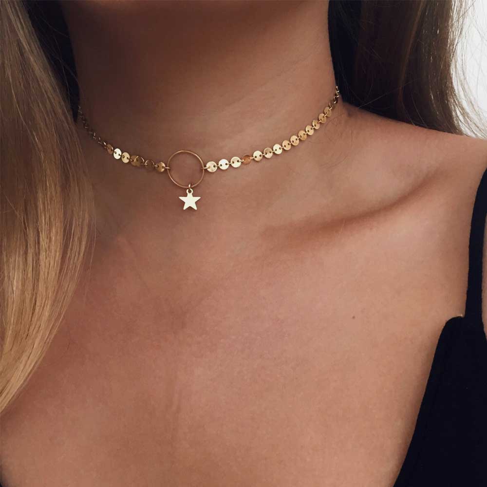 Kalung Choker Aksen Koin Emas Motif Bintang Gaya Korea Untuk Wanita