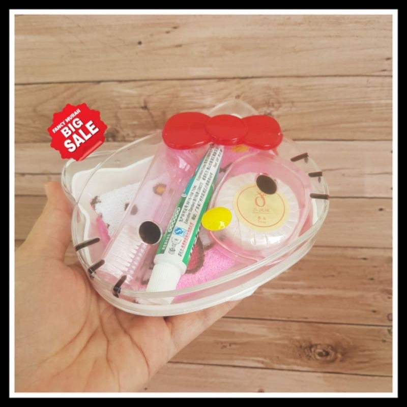 BATH TRAVEL SET HELLOKITTY - KOTAK TEMPAT SABUN HELLO KITTY LENGKAP / HANDY PORTABLE HK SET MANDI - ODOL PASTA GIGI SIKAT GIGI HANDUK KECIL MUKA SABUN MANDI