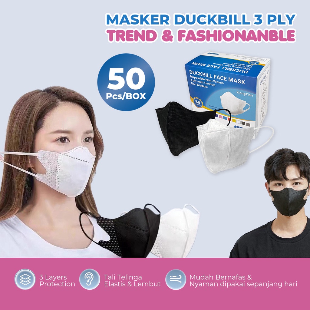 Masker Duckbil Earloop 3D / Masker Duckbill / Face Mask 3ply 50pcs / Masker Duckbill Hitam / Masker Duckbil Warna