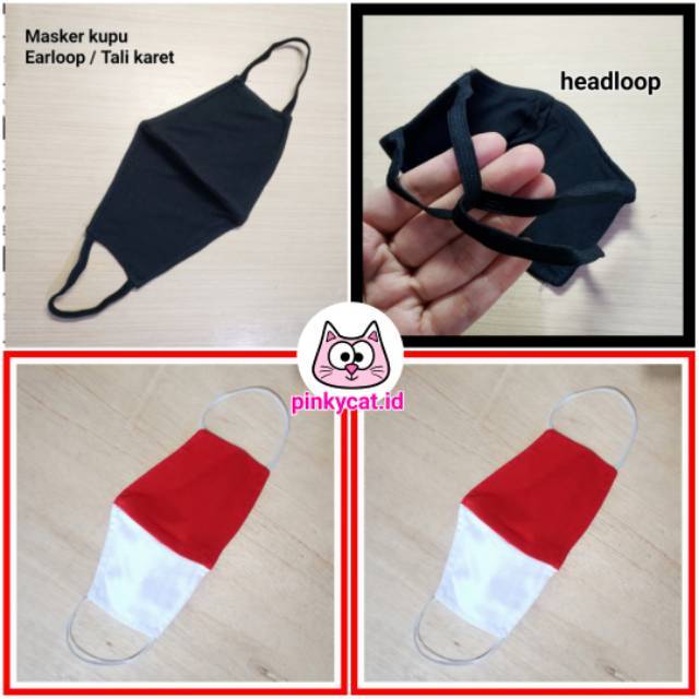 Masker KAIN KAOS KATUN KUPU Tali Karet Jahitan Tengah Earloop + Headloop Hijab Ninja Merah Putih