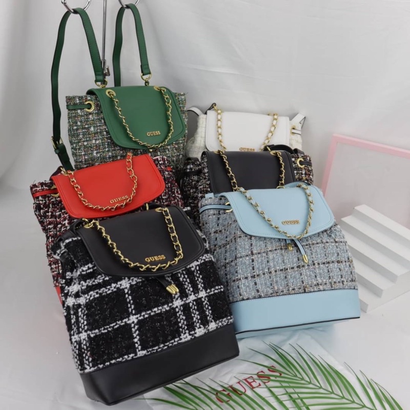 Tas Rajut Ransel Wanita GS Backpack Tweed Bag Premium Import, Hitam Black Biru Baby Sky Blue Merah R