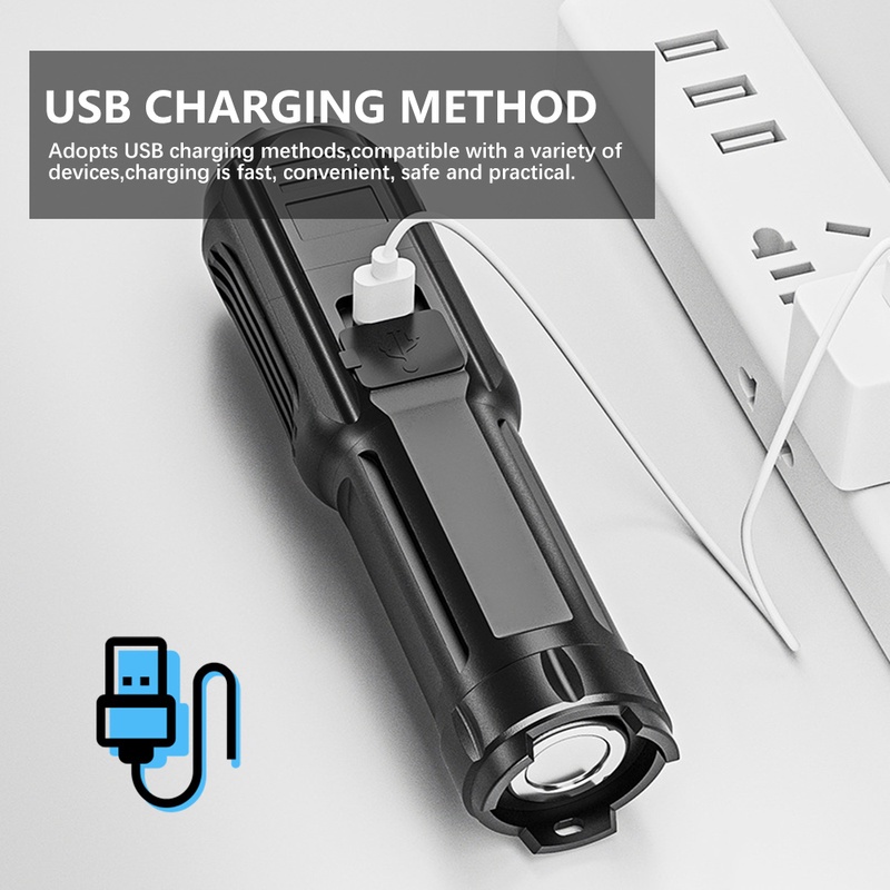 Senter Teleskopik Zoom 4 Mode Multifungsi Dengan Port Charger Usb Untuk Camping Outdoor