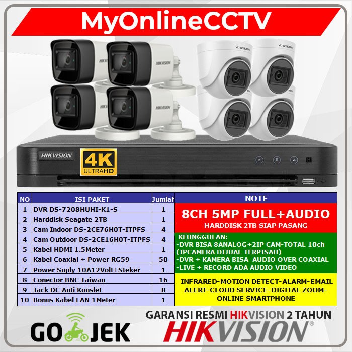 Paket CCTV Hikvision 8Ch 5MP 4K Lengkap  8 Kamera