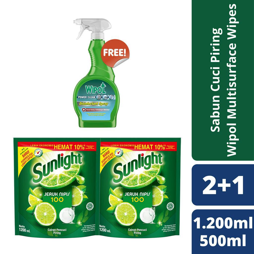 Sunlight Lime New Refill 2 x 1200Ml + Free Wipol Spray Disinfektan Pembersih Serbaguna PowerClean 50