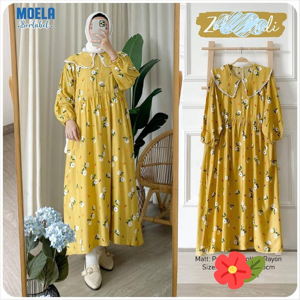 GAMIS RAYON WANITA TERBARU MOTIF FLOWER YELLOW / HOMEDRESS RAYON FLOWER YELLOW