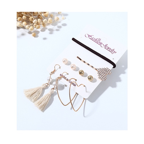 LRC Perhiasan Set Fashion Golden Diamond-shaped Love Pearl Tassel Geometric Earrings Hairpin Set Y64119