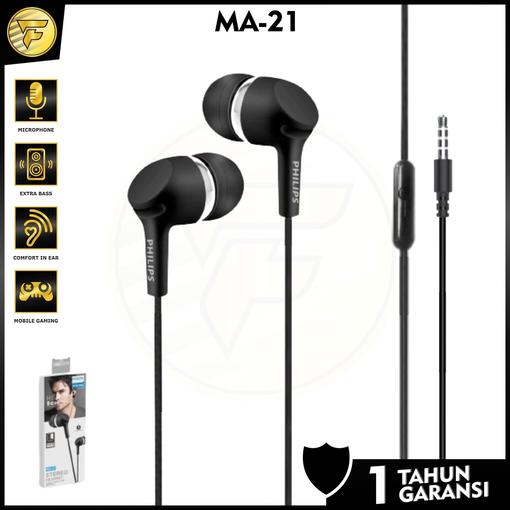 earphone Philips M21 stereo bass music telfon headset mic