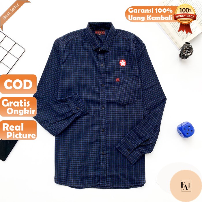 ZIFA Kemeja Hem Atasan Pria Flanel Kotak Kotak Kecil Hitam Biru Pria Cowok Cowo Laki Laki Lengan Pan