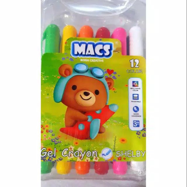 Krayon MACS Gel Crayon 12 Color/Warna Aman untuk anak dan Mudah dibersihkan Washable - 1 set
