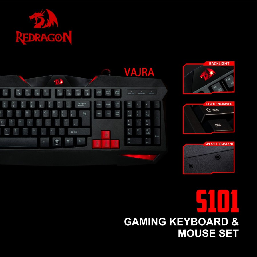 Redragon Gaming Keyboard &amp; Mouse S101 Vajra Centrophorus combo paket