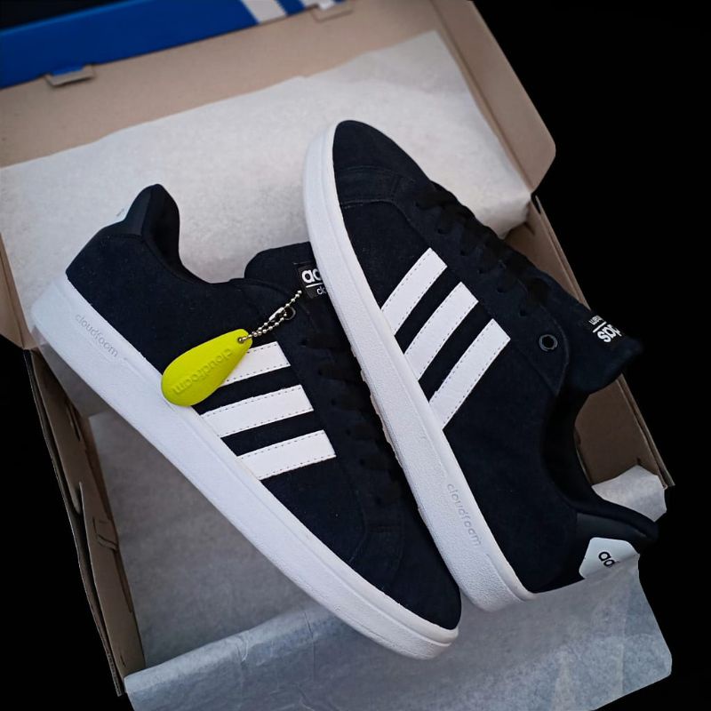 ADIDAS ADVANTAGE CLOUDFOAM SUEDE BLACK WHITE STRIP WHITE ORIGINAL 100% - SEPATU ADIDAS ORIGINAL 100%