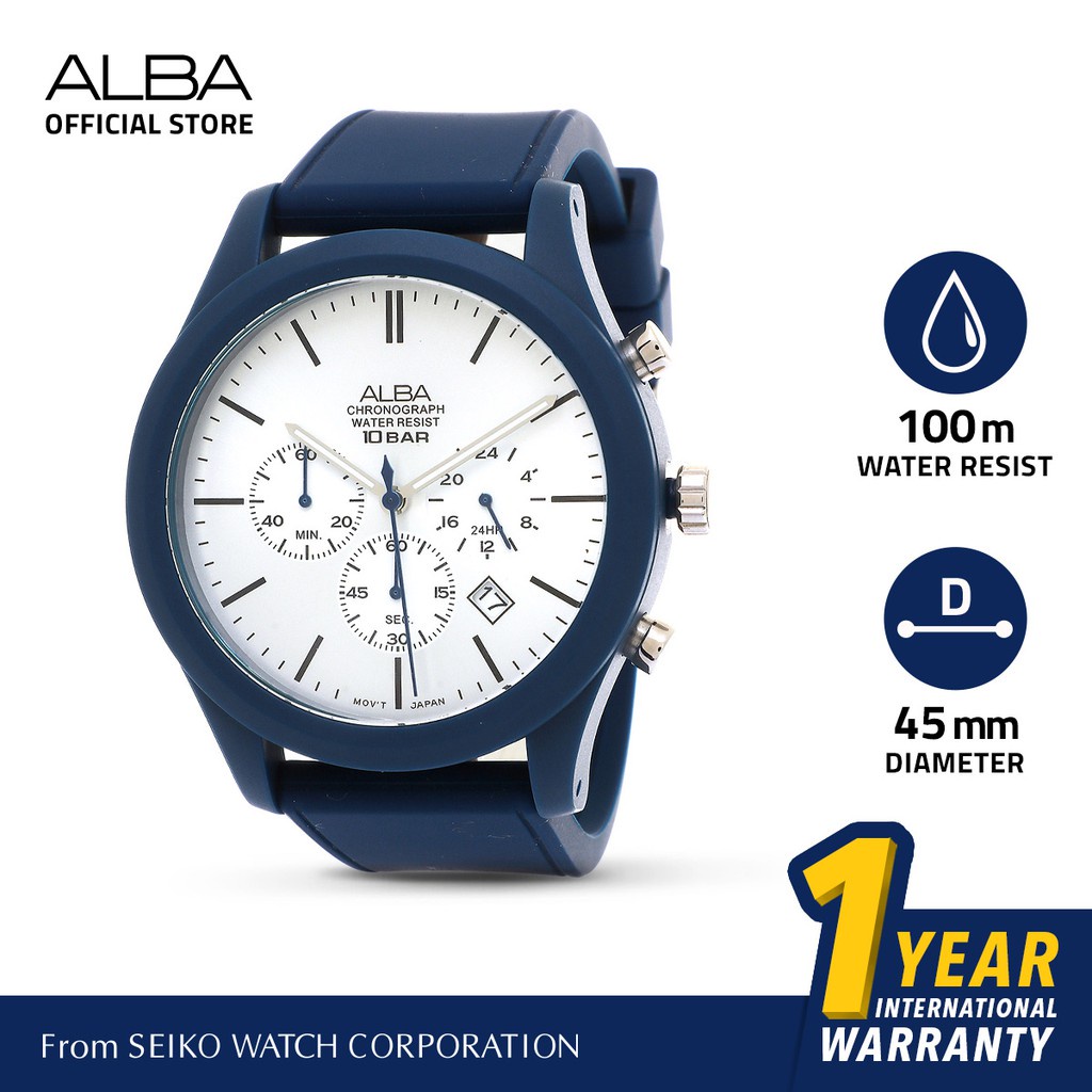 Alba Active Jam Tangan Pria Chronograph AT3G29 / AT3G29X1 Quartz Silver White Dial Dark Blue Silicon