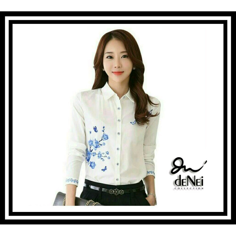 DNC KEMEJA WANITA PUTIH WHITE HEM BAJU ATASAN WANITA MODIS MURAH MOTIF BUNGA SAKURA BIRU TWISCONE
