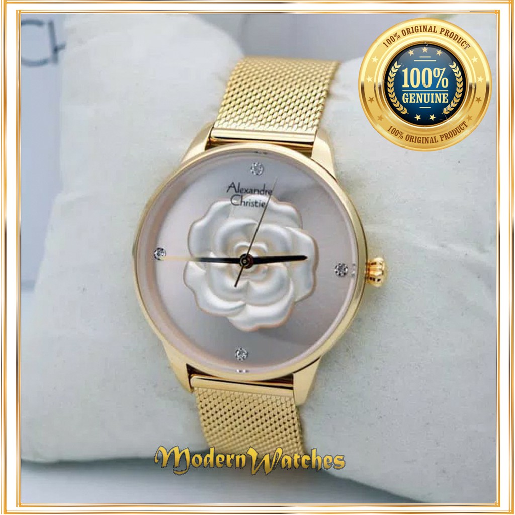 Jam Tangan Wanita Alexandre Christie Original AC 2723 Gold Tali Pasir Warna Emas Jam Alexander Laris