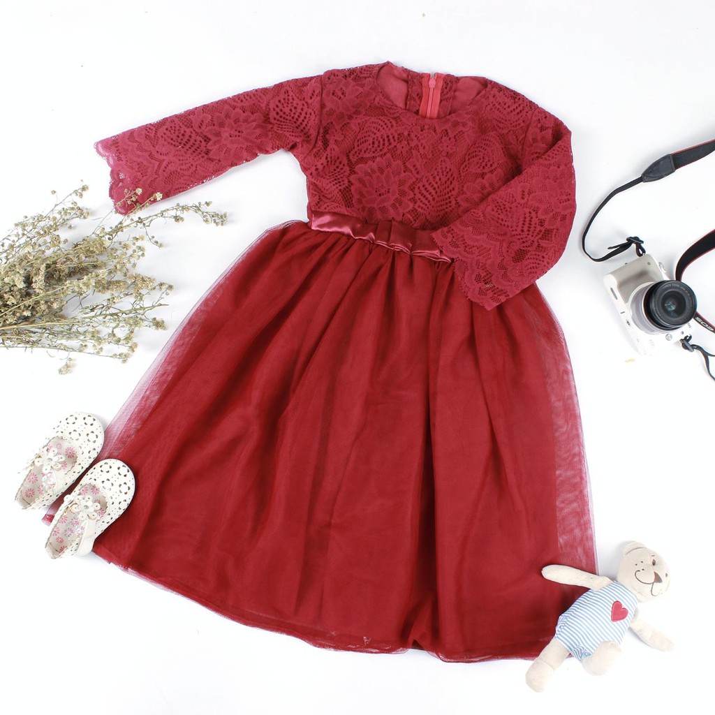 ELENA DRESS WITH TULLE WARNA MAROON/KOSTUM NEWBORN/DRESS NEWBORN/BAJU NEWBORN/GAMIS ANAK/GAMIS BROKA
