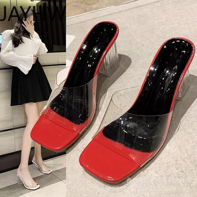 R9 Sandal Wanita PVC 2023 Sepatu Hak Tinggi Ujung Terbuka Kristal Sepatu Sandal Hak Transparan Wanita