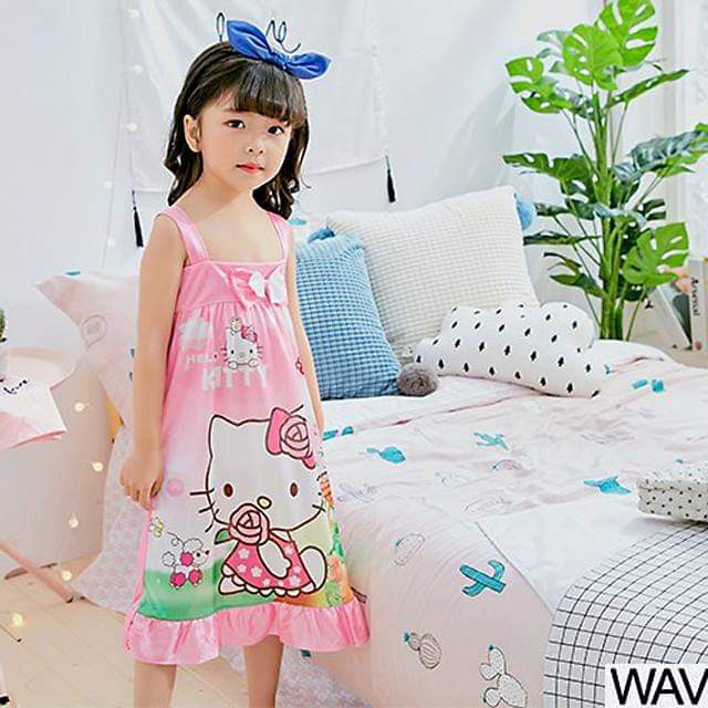 Daster Hello Kitti Warna Pink Daster Anak Pinggang Karet Baju Tidur Anak Perempuan Girly Feminin