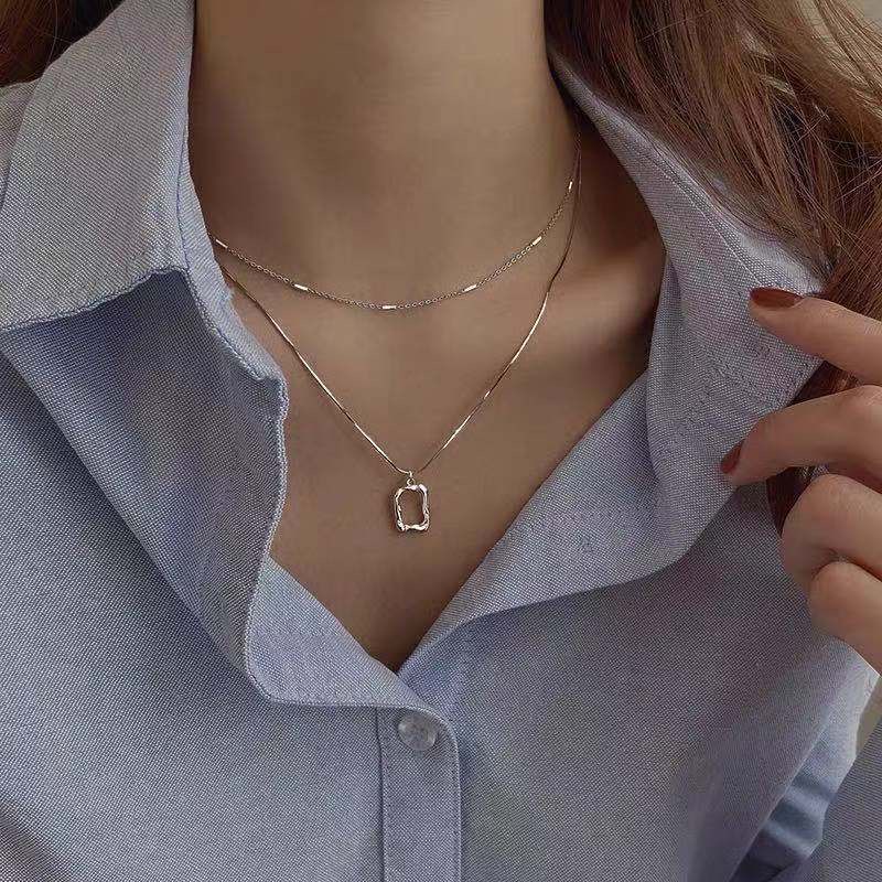 AY(CN) Korean Square Hollow Multilayer Necklace Simple Glod Silver Pendant Chain Choker Women Accessories Jewelry Gift