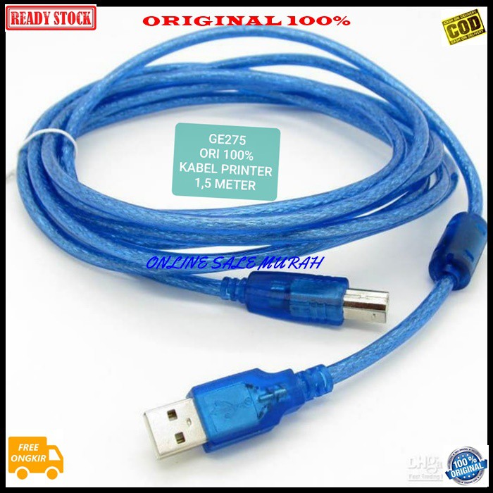 G275 Kabel printer 1,5 meter komputer print usb cable laptop G275   1,5meter  Warna bening  Kabel usb printer 1,5m berwarna biru transparan dengan bola penguat untuk menjaga arus agar selalu stabil dalam hal transfer data. Ini yang membedakan kab