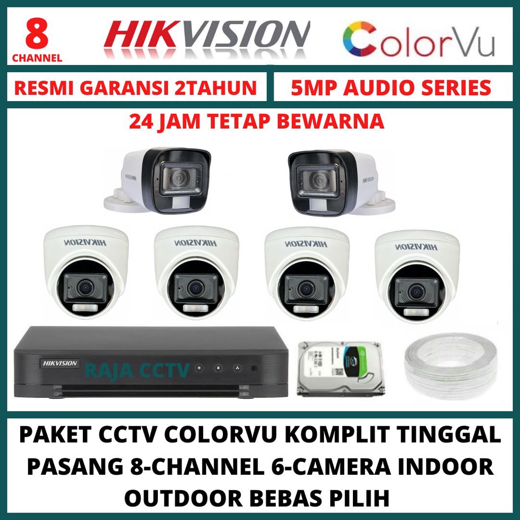 PAKET CCTV HIKVISION 5MP COLORVU 8 CHANNEL 6 CAMERA TURBO HD 3K KAMERA CCTV AUDIO SERIES