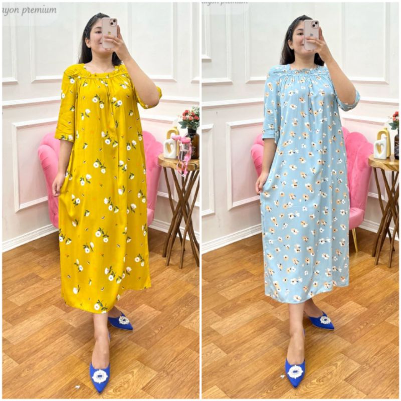 BISA COD AZKIYAHIJAB29 DAILY DRESS RAYON MIDI DRESS KOREA PENDEK MOTIF HOMEDRESS JUMBO KARET DADA DR
