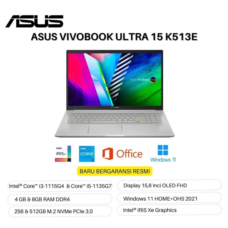 LAPTOP ASUS VIVOBOOK ULTRA 15 K513E CORE i3 - 1115G4 BARU GARANSI RESMI