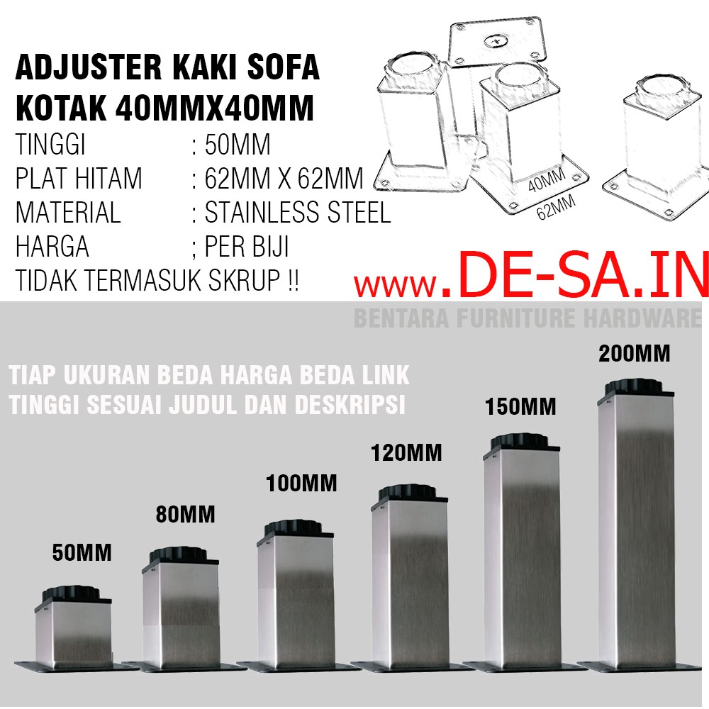 5 CM Kaki Meja Sofa 50MM (Kotak Hollow 40 x 40MM) High Quality Stainless Steel Adjustable Table Leg (TINGGI 5 CM = 50 MM)