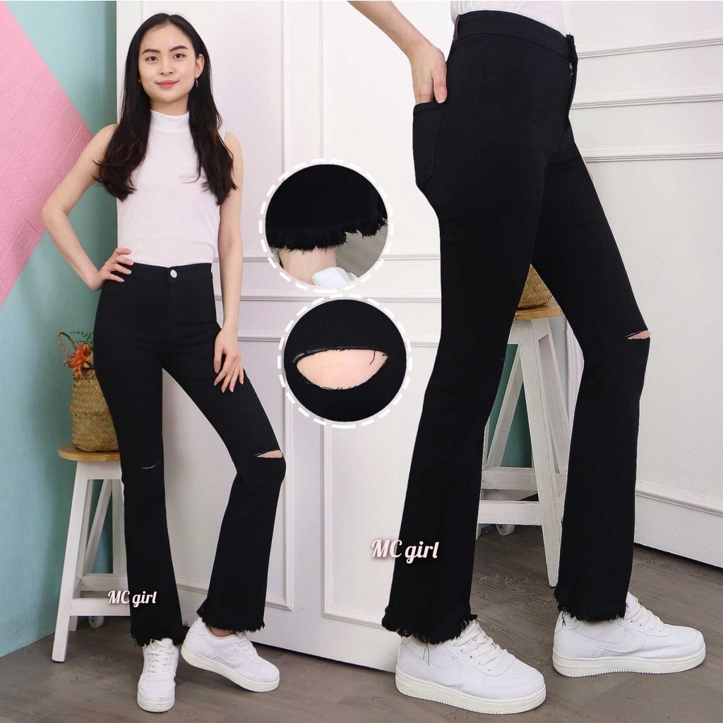 MC girl - Cutbray High Waist Sobek Garis Rawis Wanita / Celana Jeans Pinggang Tinggi Cutbrai Ripped Tidak Ada Lapis / Highwaist Cutbray Rumbai / Boot Cut 7C-G