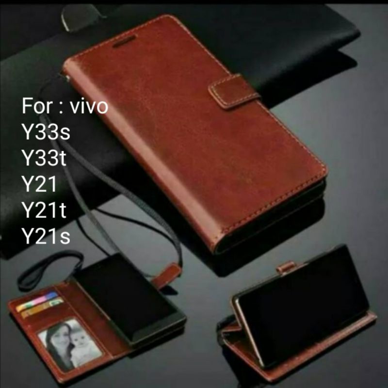 Leather case Vivo Y33 s t y33s y33t y21 y21t y21s Sarung Dompet Wallet Kulit Casing Flipcover buku Book Folio Cover diary