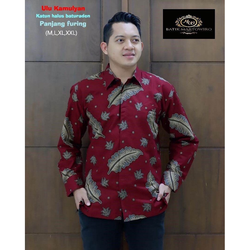 Kemeja batik lengan panjang warna merah / Batik ori solo terbaru / baju batik kerja /batik motif ulu