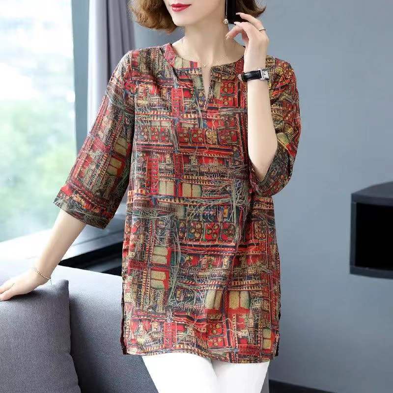 Real Foto Blus Atasan Kasual Wanita Lengan 3/4 Longgar V-Neck Bunga Silk Tops