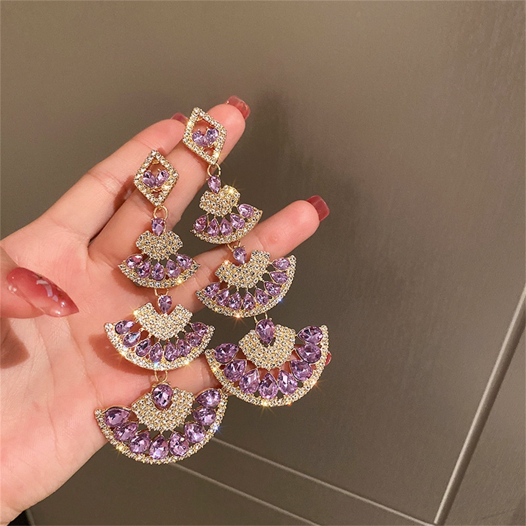 Hu Hu Hu Hu Hu Alat Bantu Pasang Kacamata♡ 1 Pasang Anting Panjang Menjuntai Multilayer Bentuk Kipas Aksen Berlian Imitasi Untuk Wanita